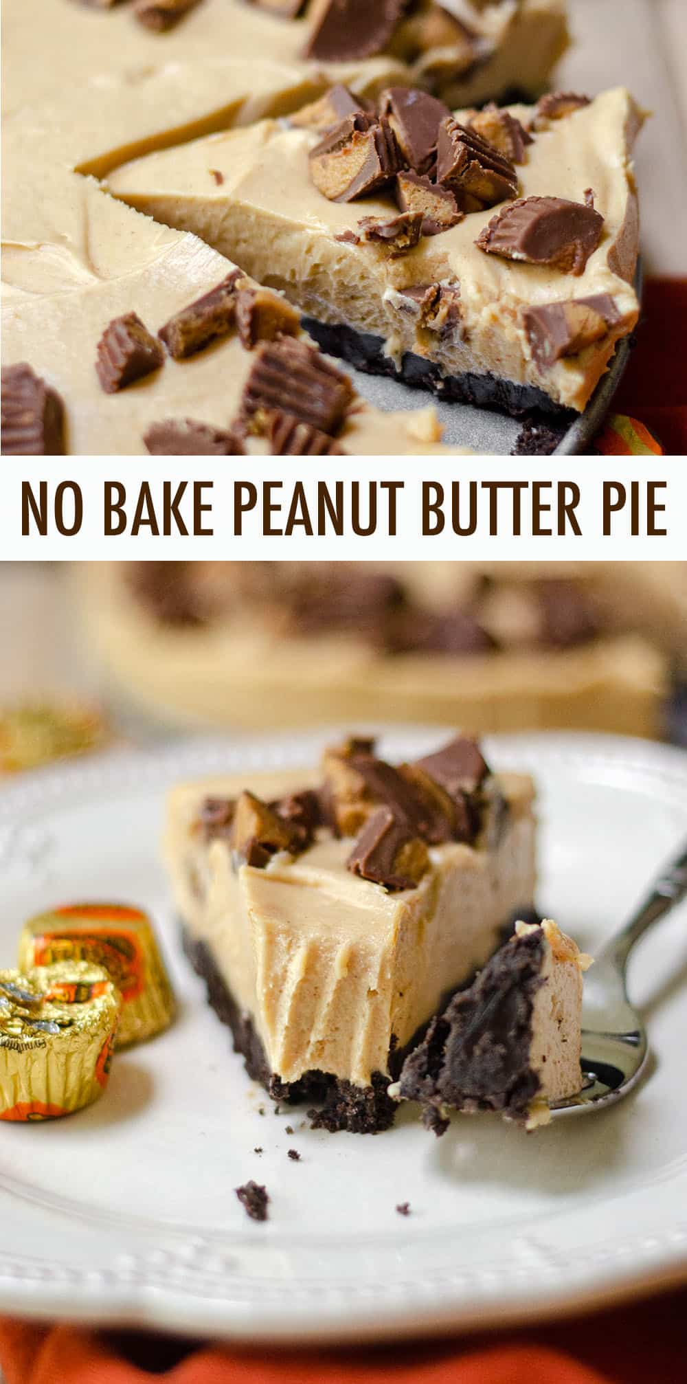 A light and creamy peanut butter filling atop a crushed Oreo crust. The chopped peanut butter cups on top seal the deal for a perfect no bake pie! via @frshaprilflours