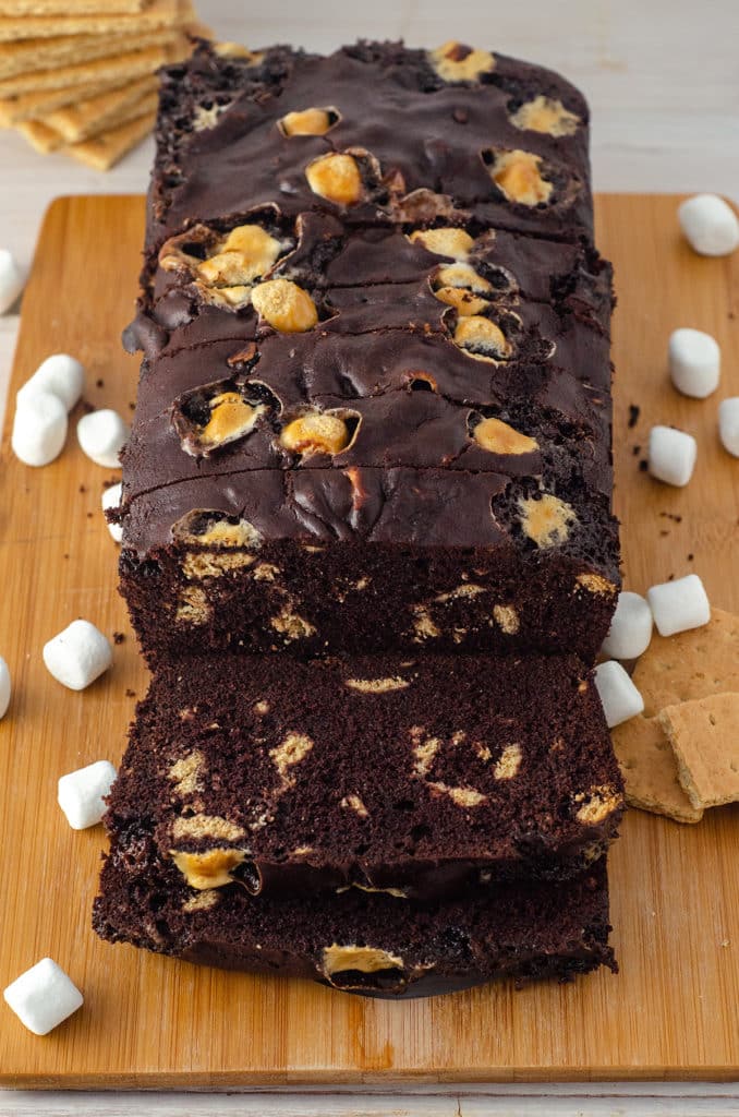 S'mores Quick Bread: Decadent chocolate quick bread swirling with graham cracker chunks and mini marshmallows. 