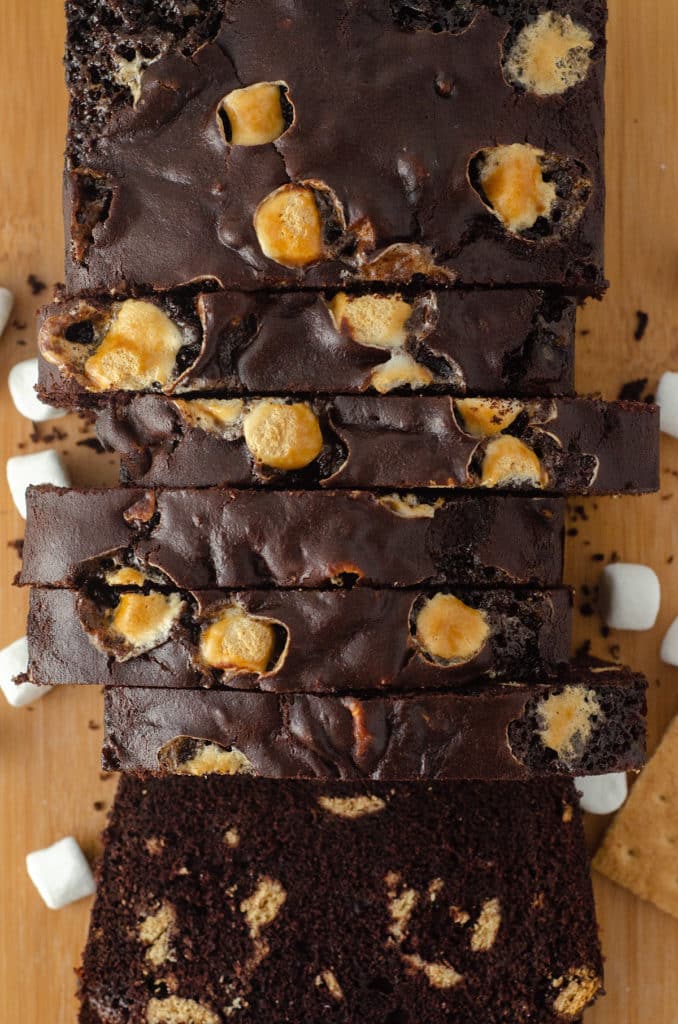 S'mores Quick Bread: Decadent chocolate quick bread swirling with graham cracker chunks and mini marshmallows. 