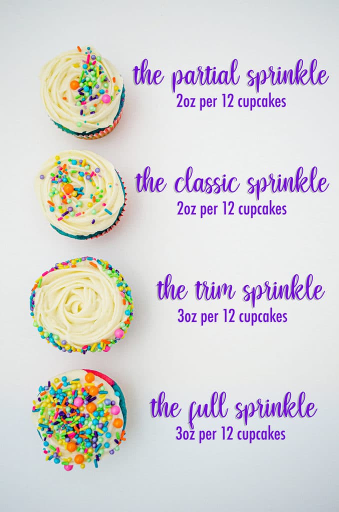 How Many Sprinkles Do I Need? A comprehensive overview of exactly how many sprinkles you need for your preferred method of decorating cupcakes.