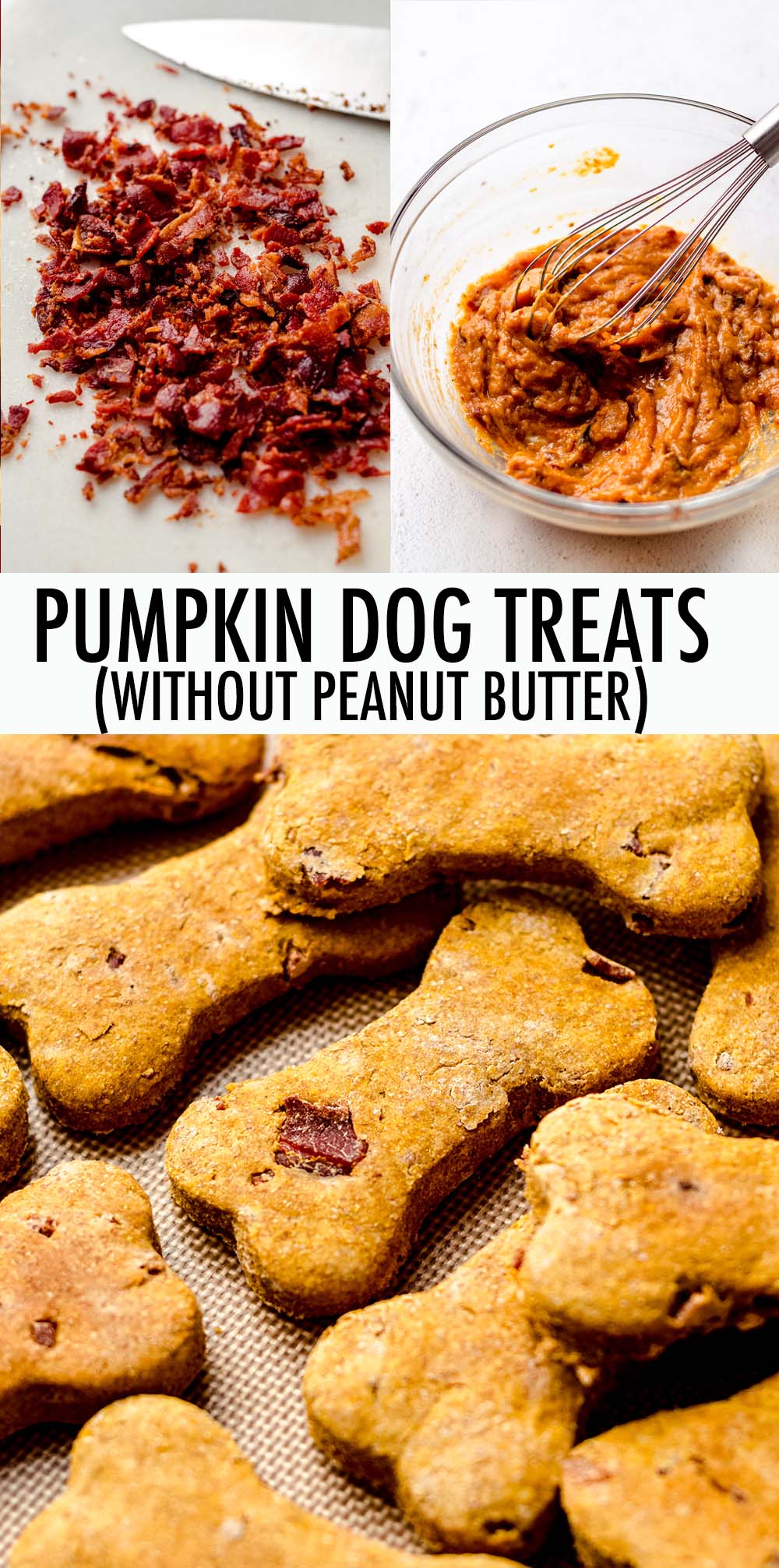 Simple homemade pumpkin dog treats made with pumpkin puree, whole wheat flour, and bacon. These treats are also made without peanut butter, so they're great for homes with a peanut allergy! via @frshaprilflours