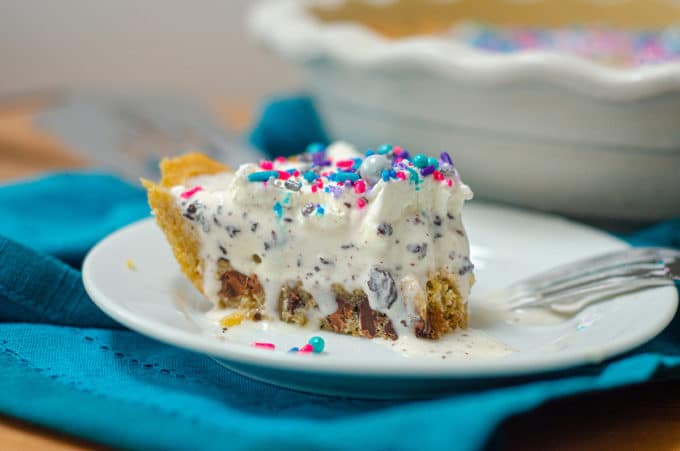 Chocolate Chip Cookie Dough Ice Cream Pie: Creamy chocolate chip cookie dough ice cream is the filling for this frozen pie and sits atop a buttery chocolate chip cookie crust.