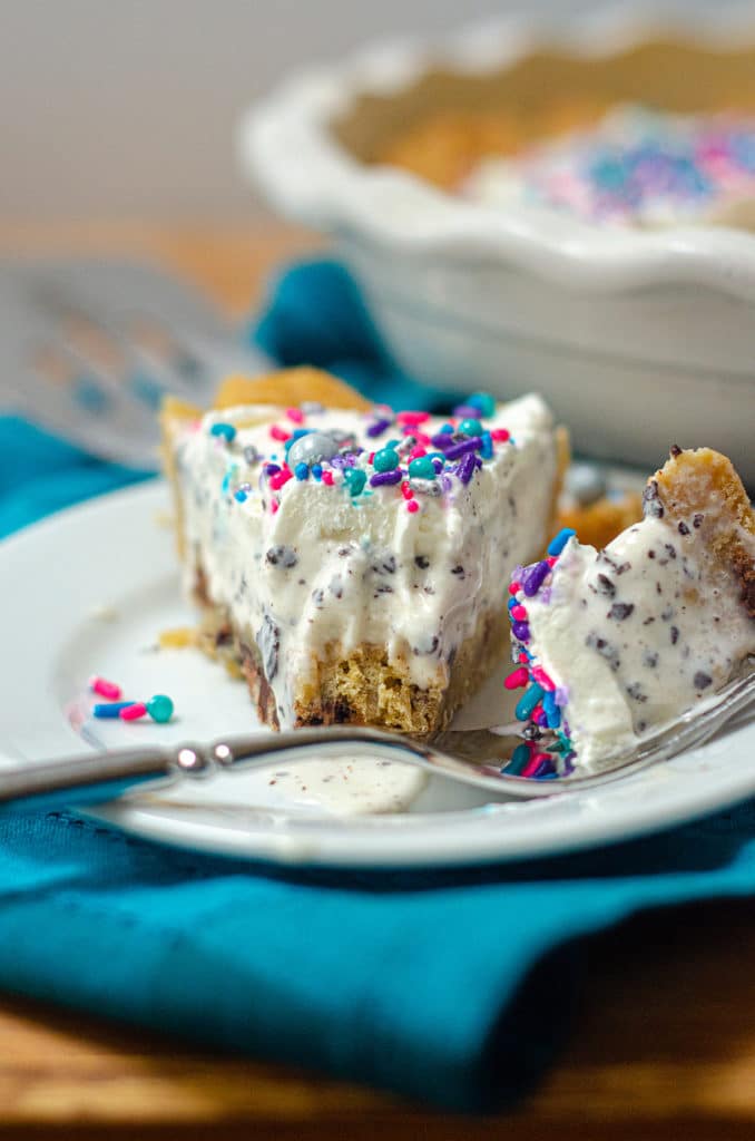 Chocolate Chip Cookie Dough Ice Cream Pie: Creamy chocolate chip cookie dough ice cream is the filling for this frozen pie and sits atop a buttery chocolate chip cookie crust.