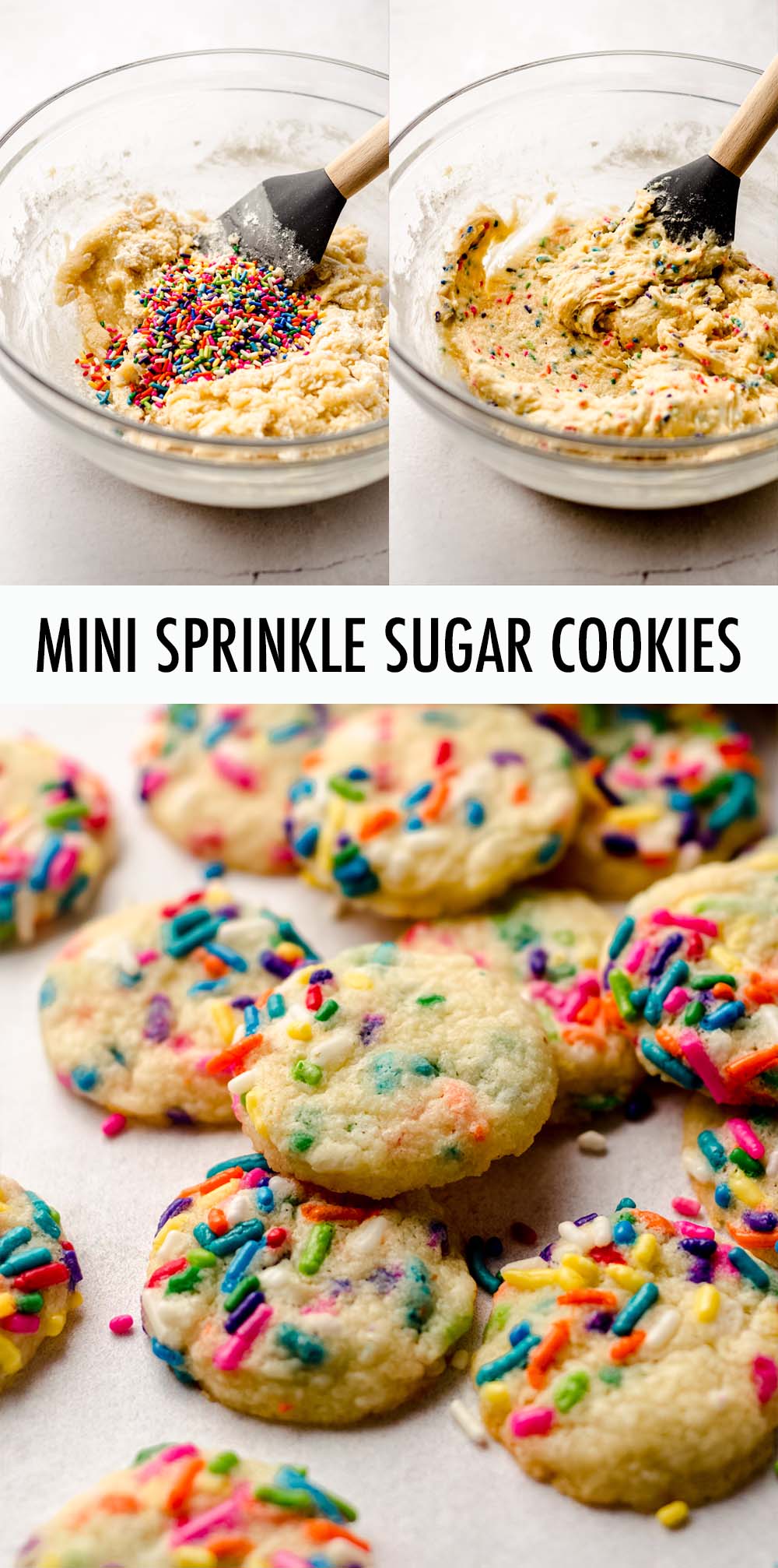 Soft and chewy drop sugar cookies filled with sprinkles. Keep them mini or make them standard size. Fill with your favorite holiday sprinkles! via @frshaprilflours