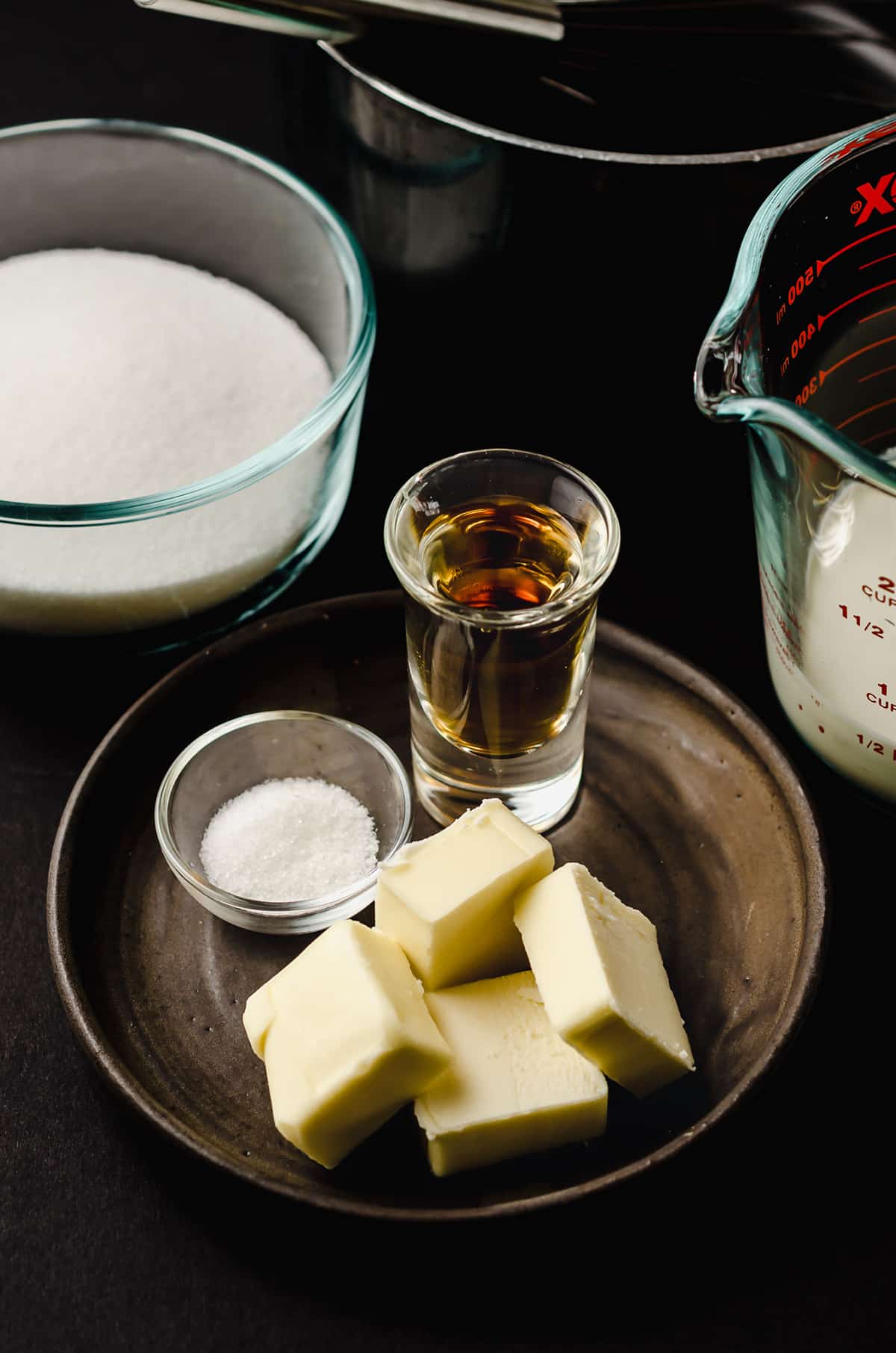 ingredients for bourbon salted caramel sauce