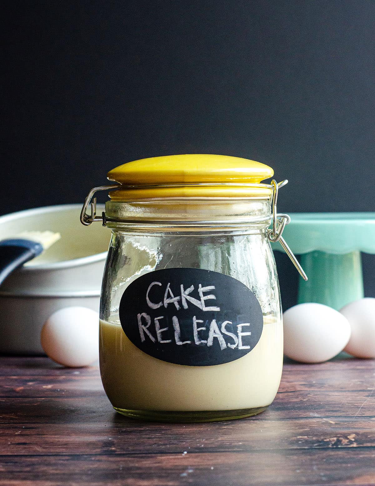 homemade cake release in a jar with a yellow lid