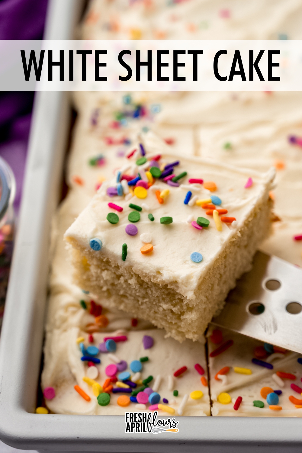 This simple white sheet cake recipe has the same moist, velvety crumb and plush texture you love from my classic white layer cake. This version is baked in a convenient sheet pan for easy serving with all the flavor and tenderness you expect in every bite. via @frshaprilflours