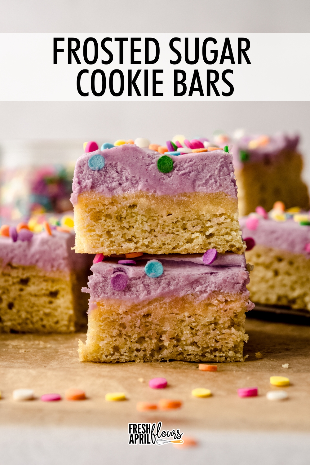 These buttery, chewy sugar cookie bars are frosted with a thick layer of creamy vanilla buttercream. If you love sugar cookies but don't want to take the time to scoop individual cookies, this recipe is the perfect quick and easy shortcut! via @frshaprilflours