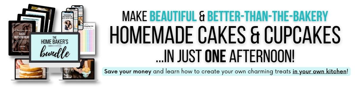 image for the home baker's bundle which has a cake and cupcake e-course, workbooks, and a frosting recipe e-book