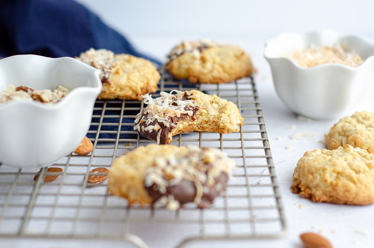 coconut almond cookies on a cooling rack