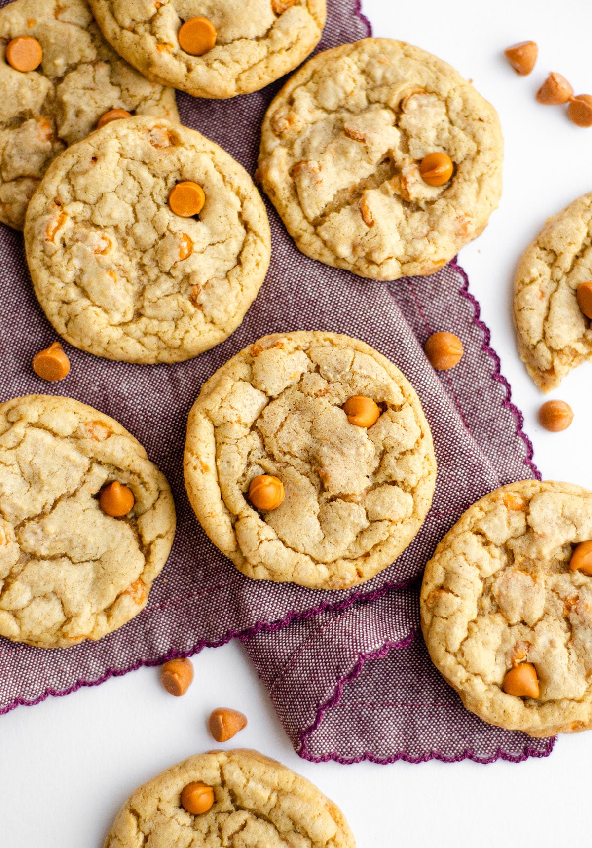 aerial photo of butterscotch cookies on a purple kitchen towel
