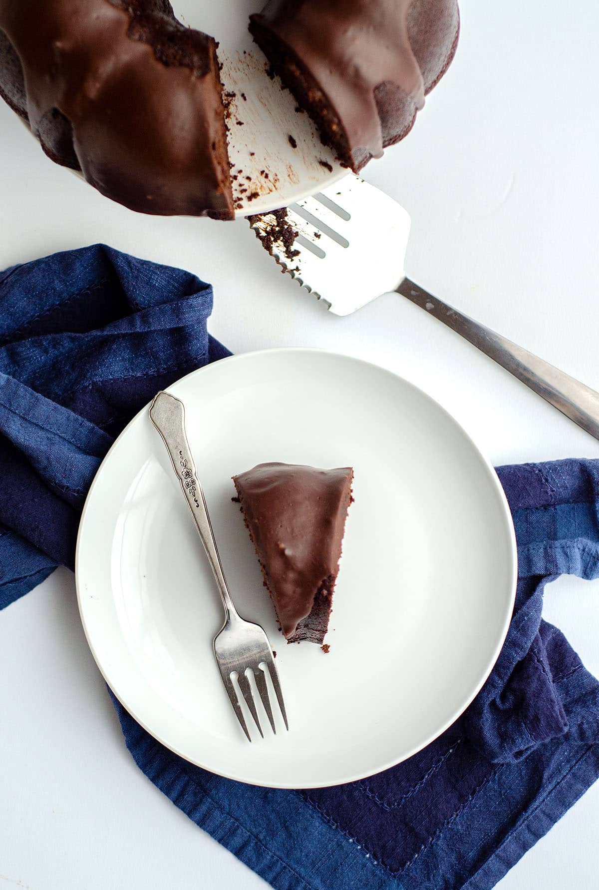 aerial photo of a slice of chocolate bundt cake