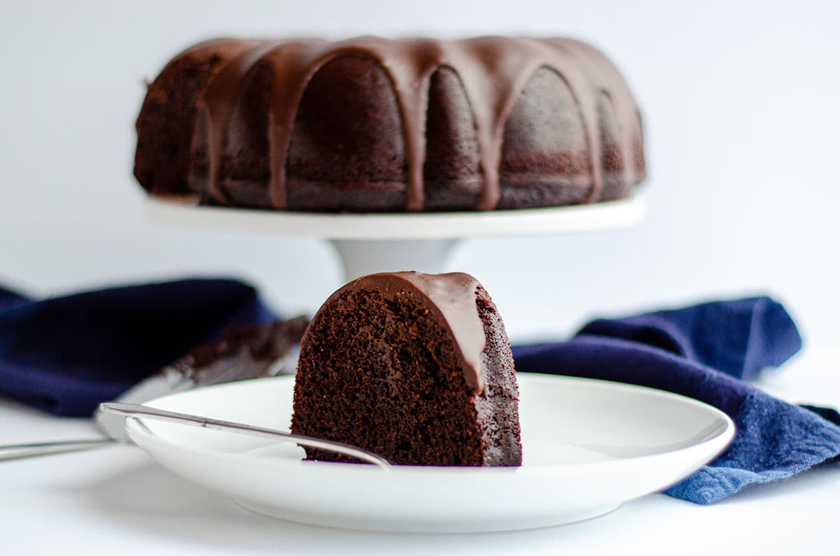 slice of chocolate bundt cake on a plate