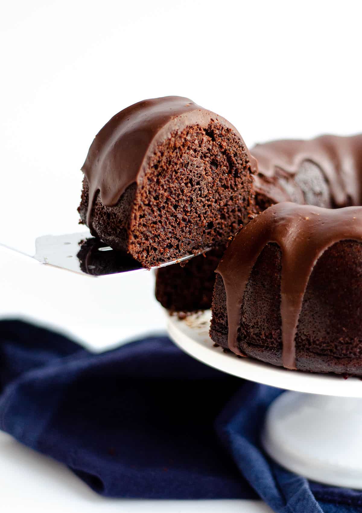 a slice of chocolate bundt cake on a cake server