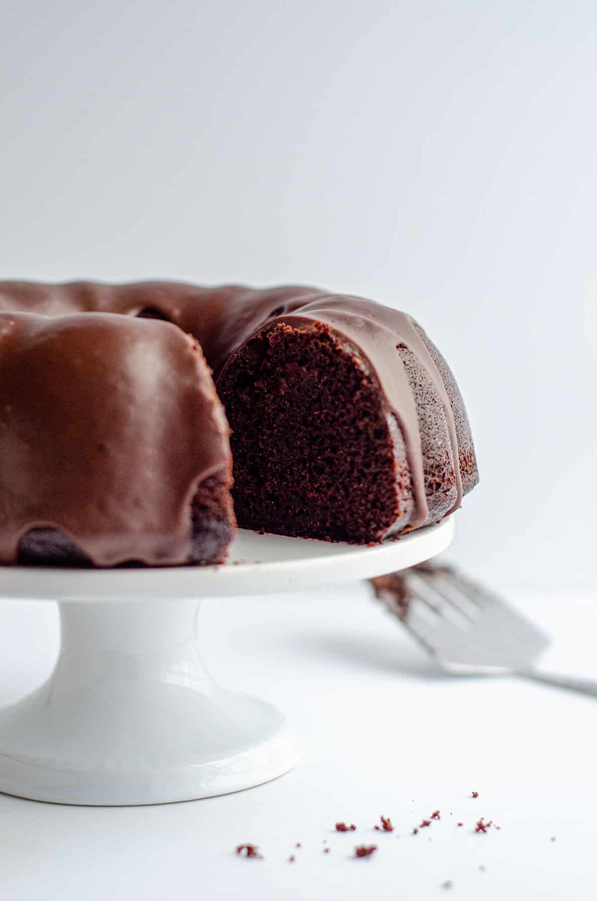 chocolate bundt cake on a cake stand