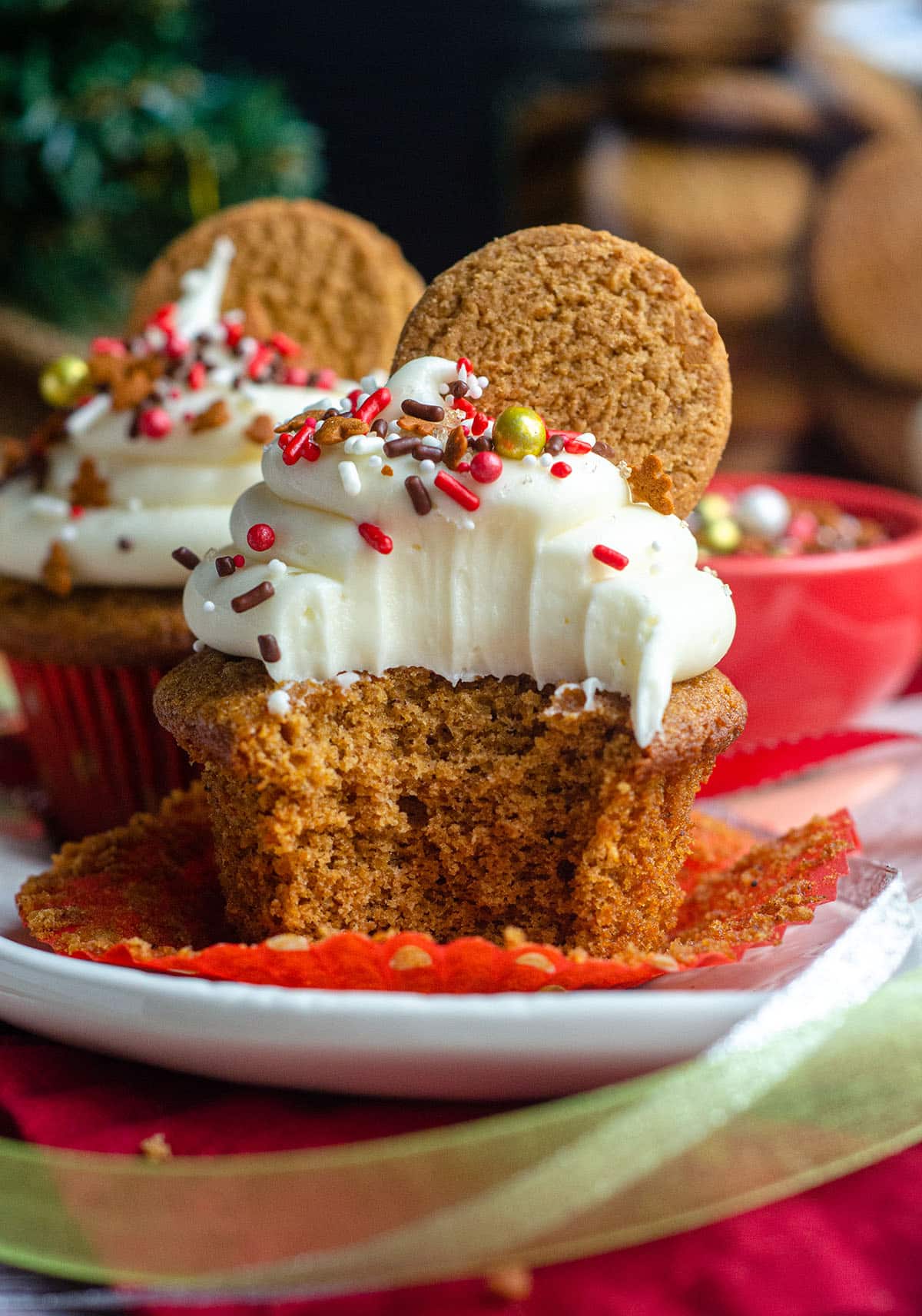 gingerbread cupcake with a bite taken out of it