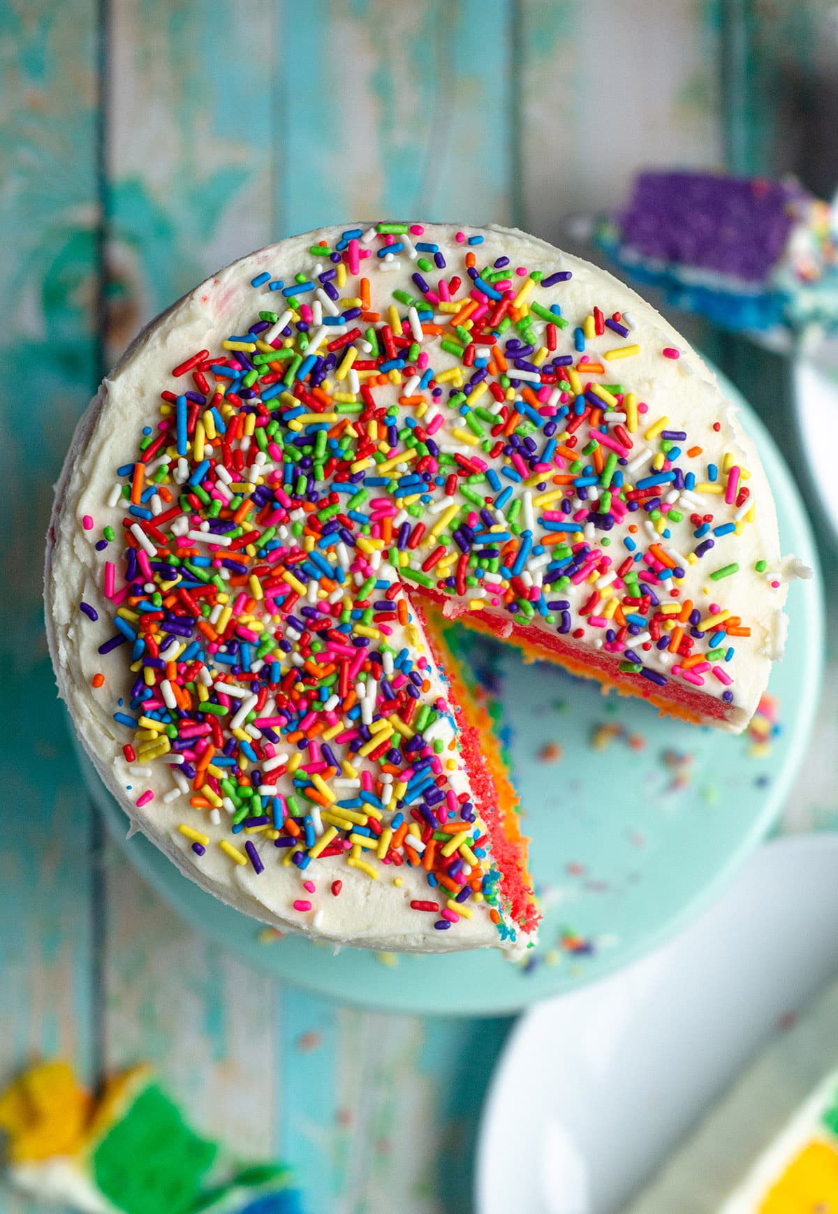 aerial photo of a cake covered in rainbow sprinkles