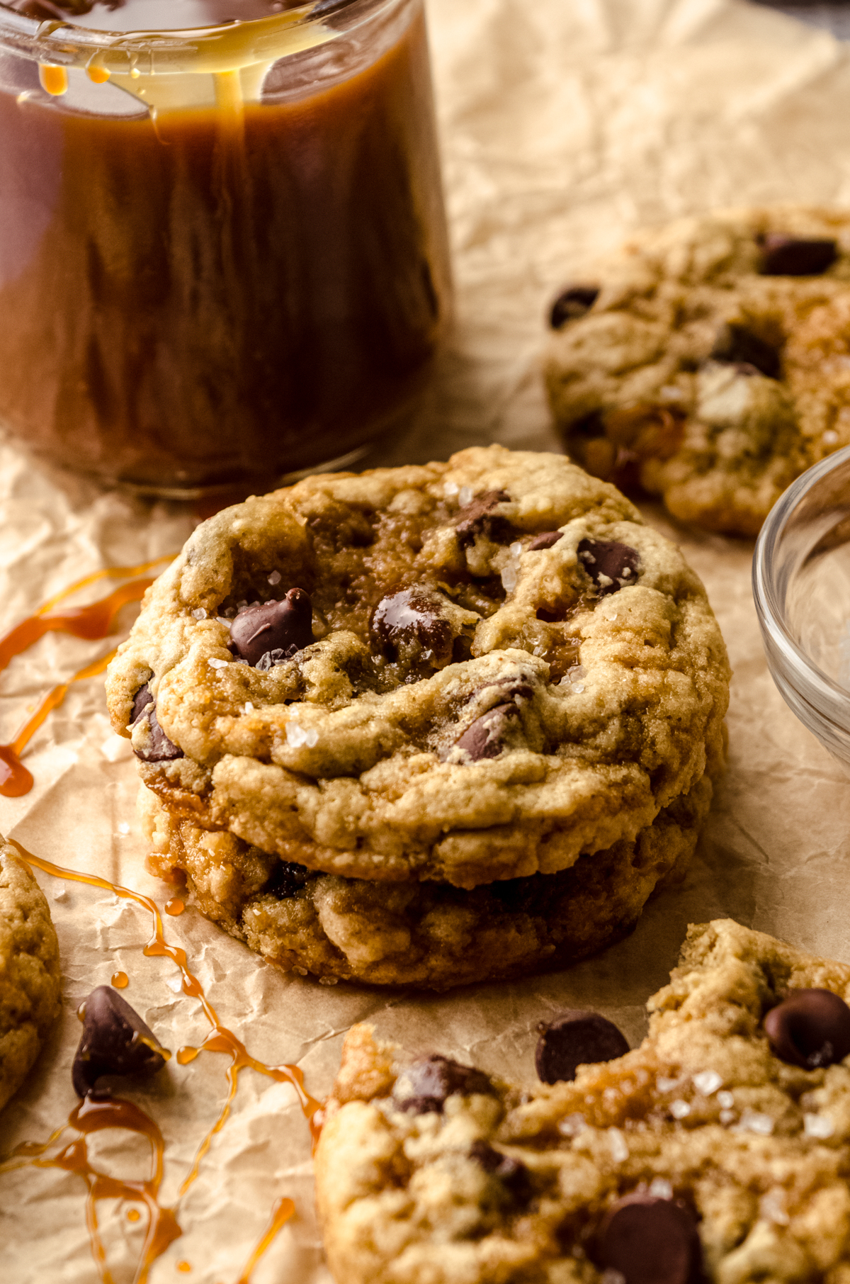 A photo of a stack of salted caramel chocolate chip cookies.