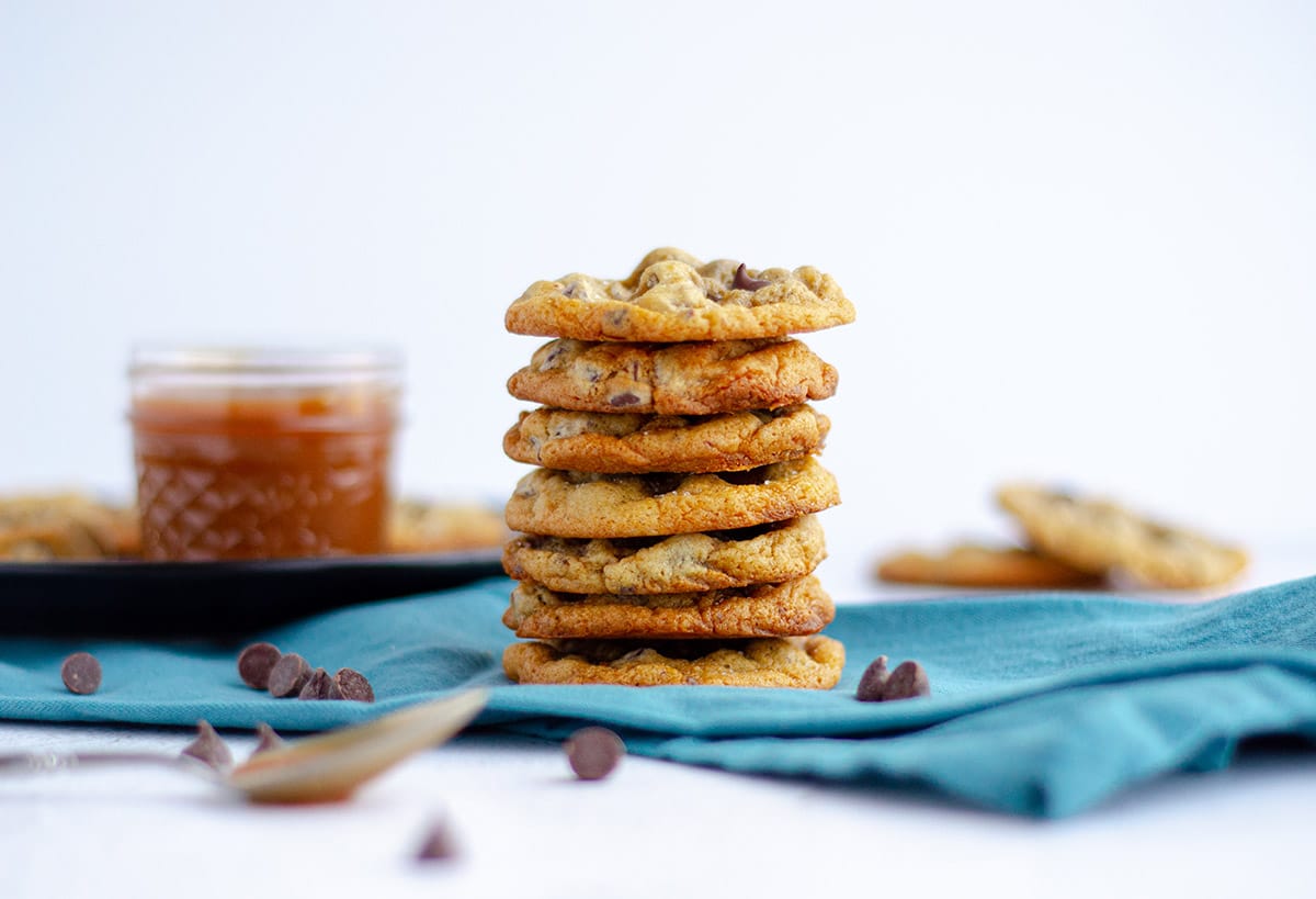 stack of salted caramel chocolate chip cookies