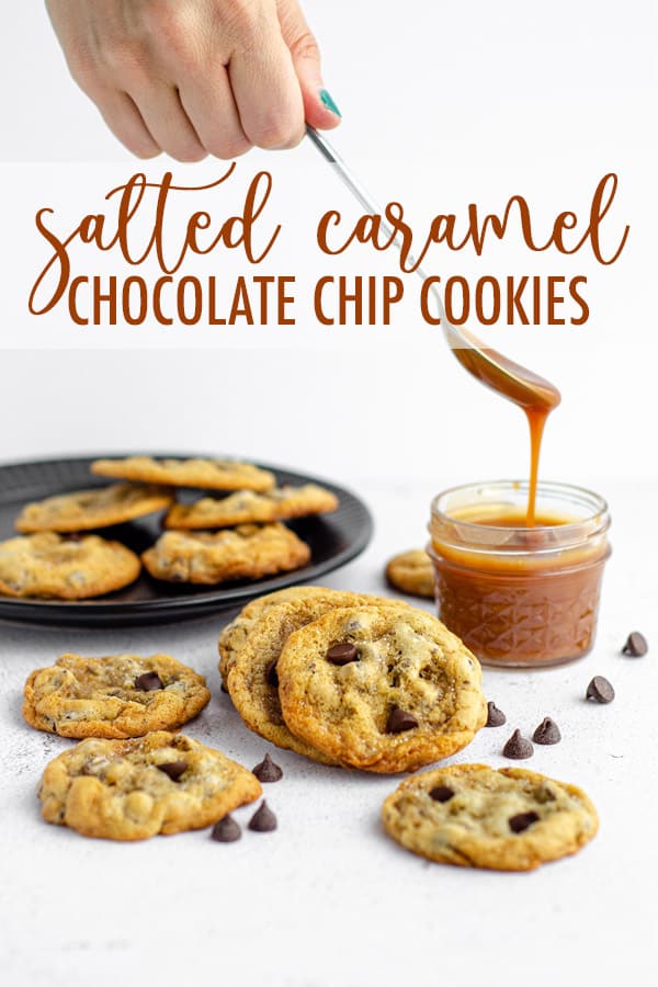 Easy drop cookies filled with chocolate chips and swirled with salted caramel sauce. No chilling required! via @frshaprilflours