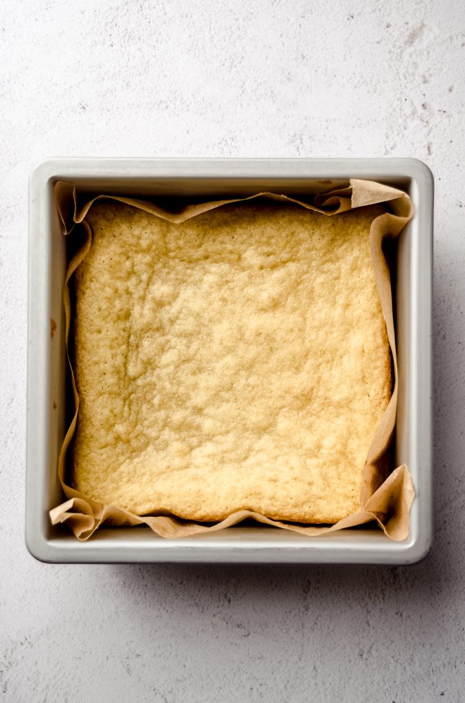 Aerial photo of sugar cookie bars in a baking pan.