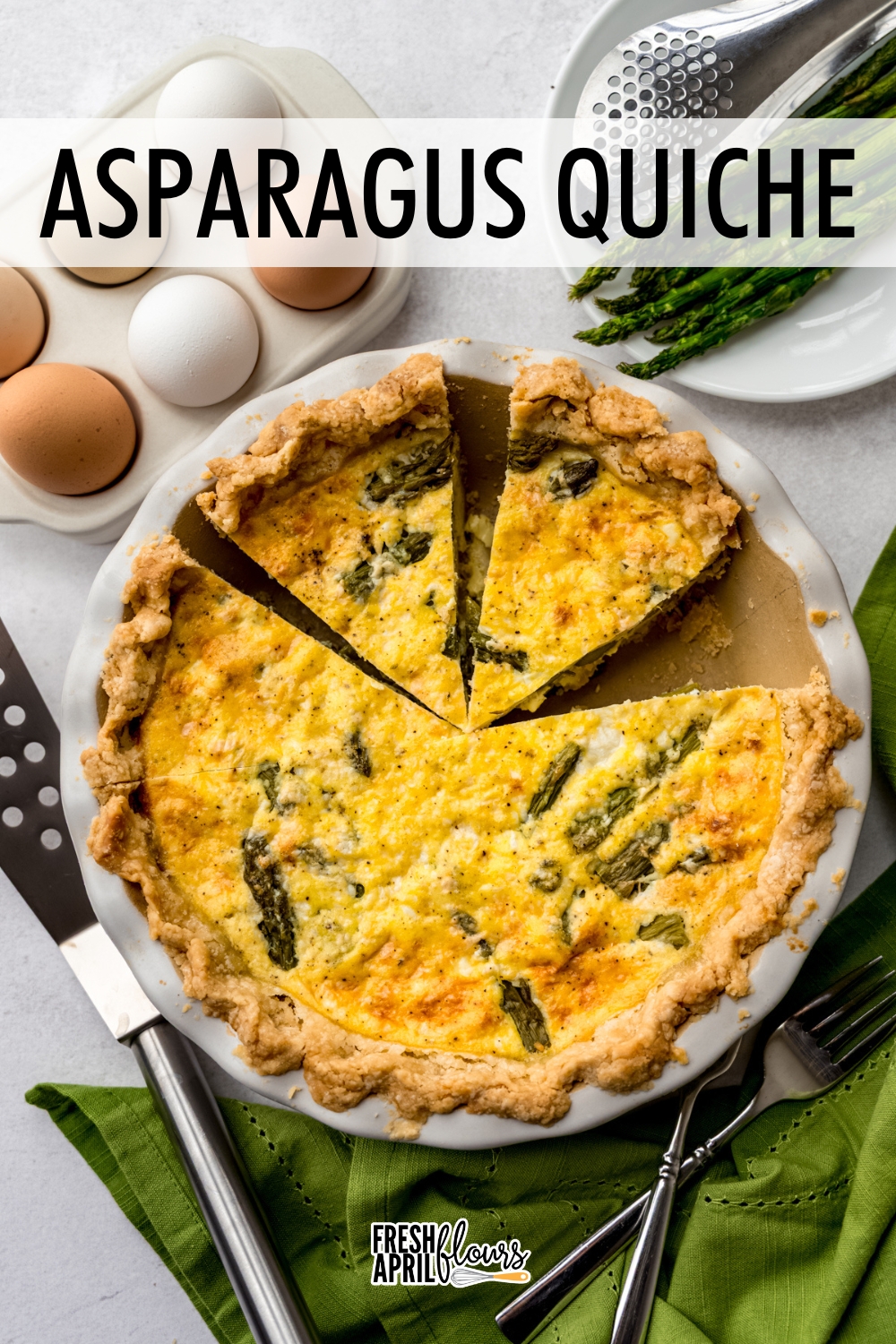 This asparagus quiche combines tender asparagus, flavorful eggs, and creamy cheese in a buttery, flaky homemade crust. This quiche is perfect for breakfast, brunch, lunch, or dinner-- and the leftovers are just as delicious! Be sure to check out my tips in the recipe card about increasing the protein content and/or making this quiche dairy free. via @frshaprilflours
