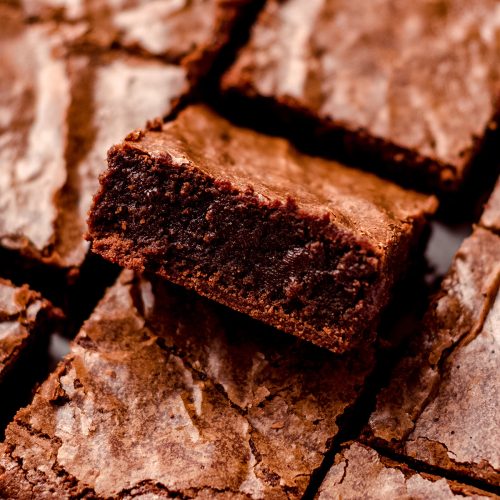 cut brownies with one on its side so you can see the inside of it