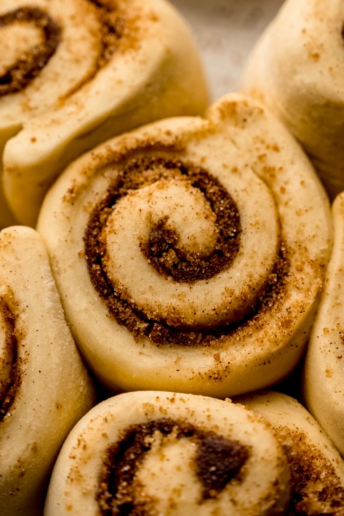 Cinnamon roll dough in a baking pan after rising.