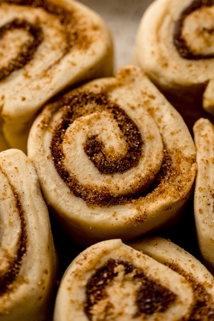 Cinnamon roll dough in a baking pan before rising.