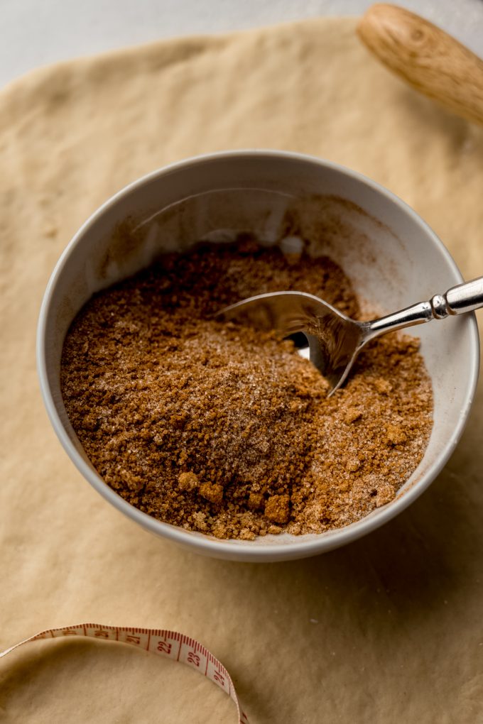 A bowl of the ingredients for the filling of caramel cinnamon rolls.