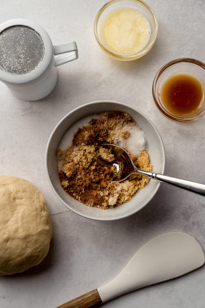 A bowl of the ingredients for the filling of caramel cinnamon rolls.