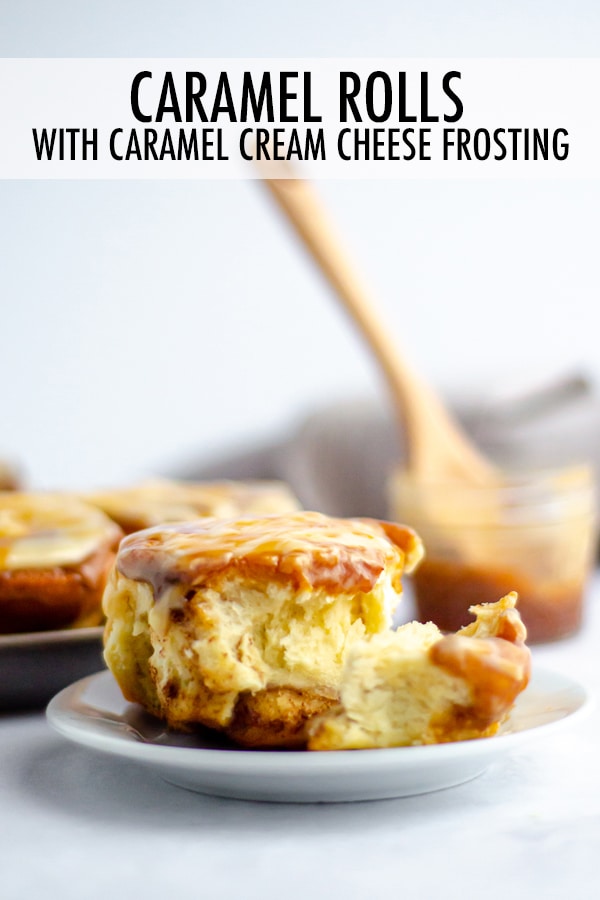Easy small batch caramel cinnamon rolls drenched in salted caramel sauce and topped with a creamy salted caramel cream cheese frosting. via @frshaprilflours