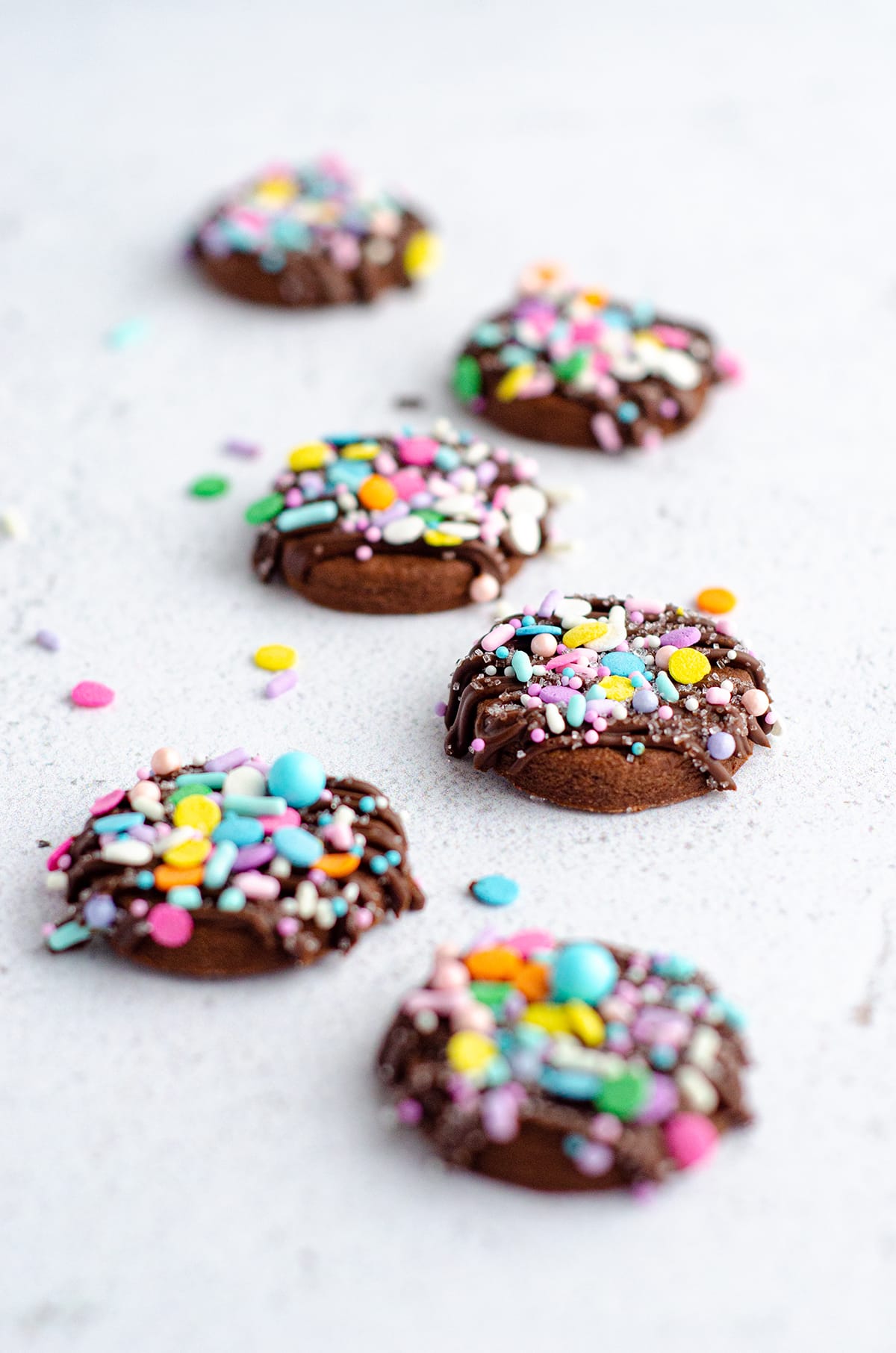 chocolate cut-out sugar cookies decorated with chocolate and sprinkles