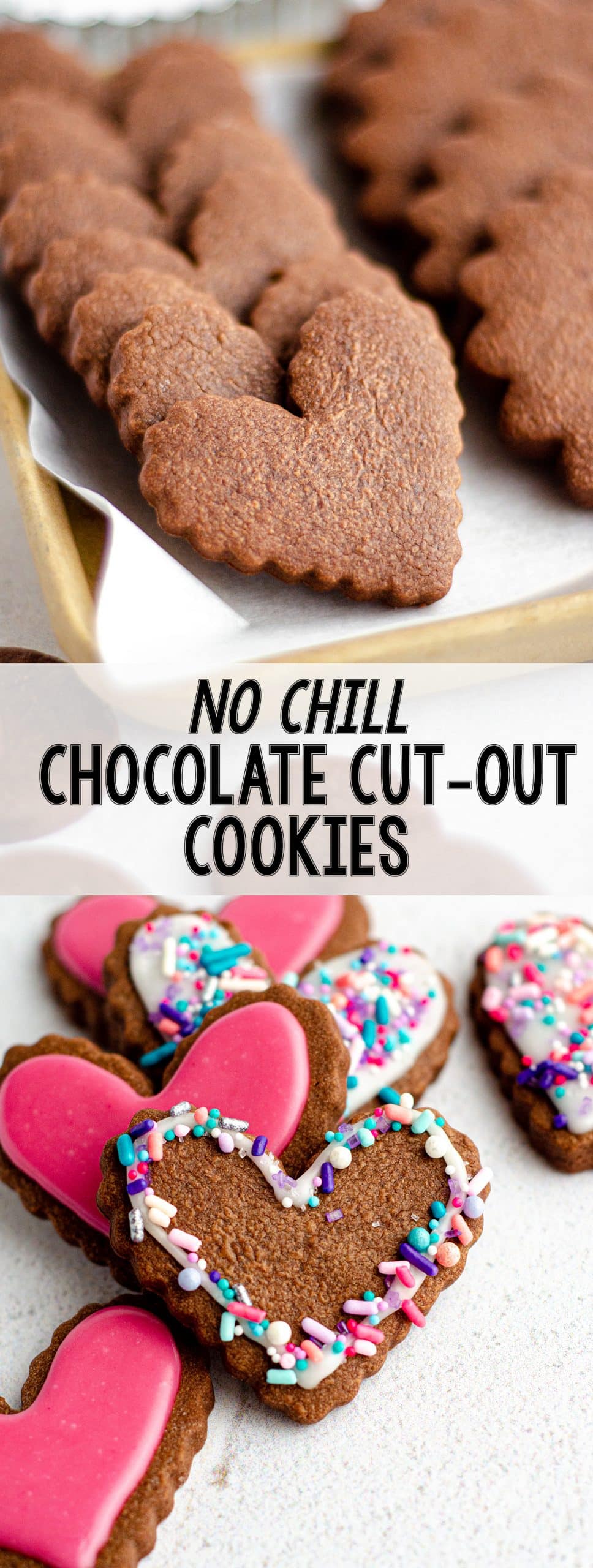 Soft chocolate cut out sugar cookies that require no dough chilling and are perfect for shaping with cookie cutters. Crisp edges, soft centers, and plenty of room for decorative icing and sprinkles. via @frshaprilflours