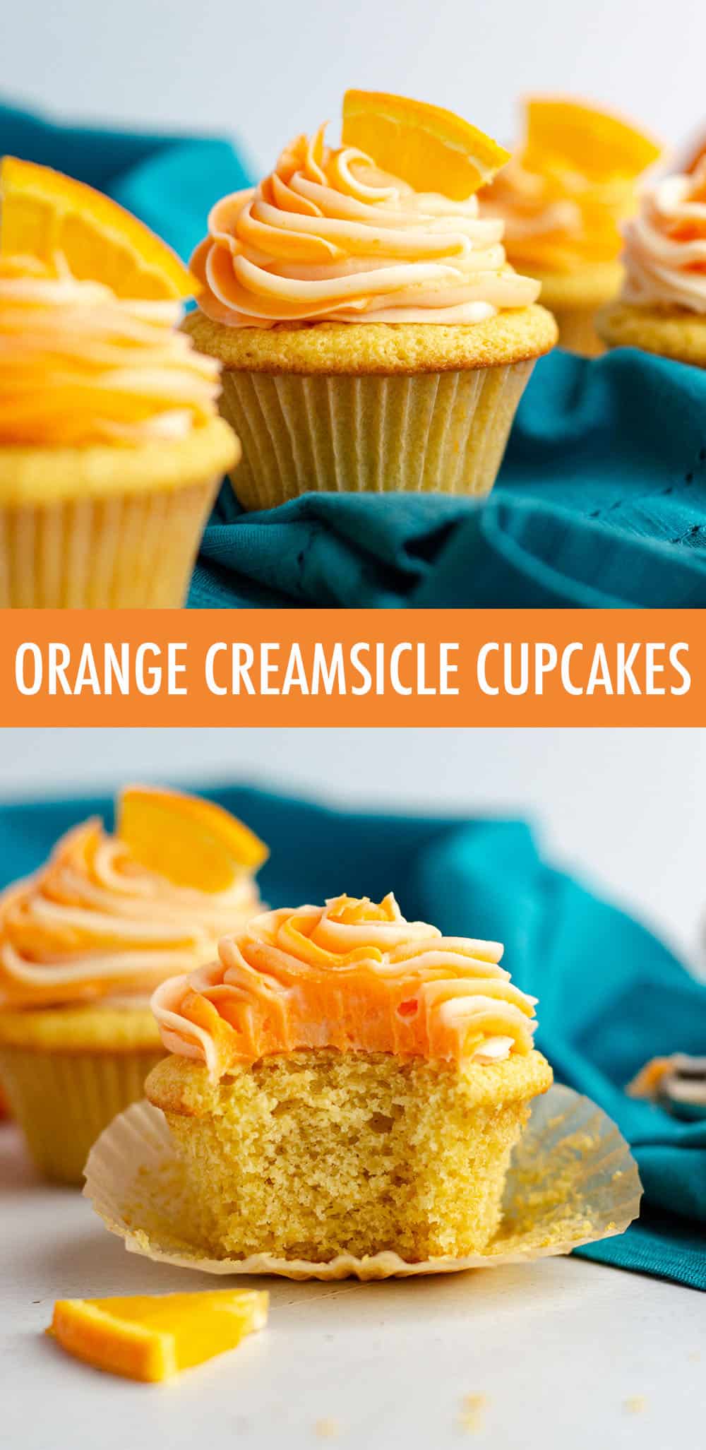Simple orange cupcakes topped with swirls of orange and cream cheese frostings. via @frshaprilflours