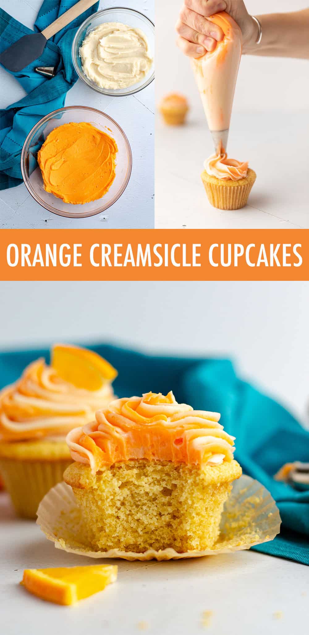 Simple orange cupcakes topped with swirls of orange and cream cheese frostings. via @frshaprilflours