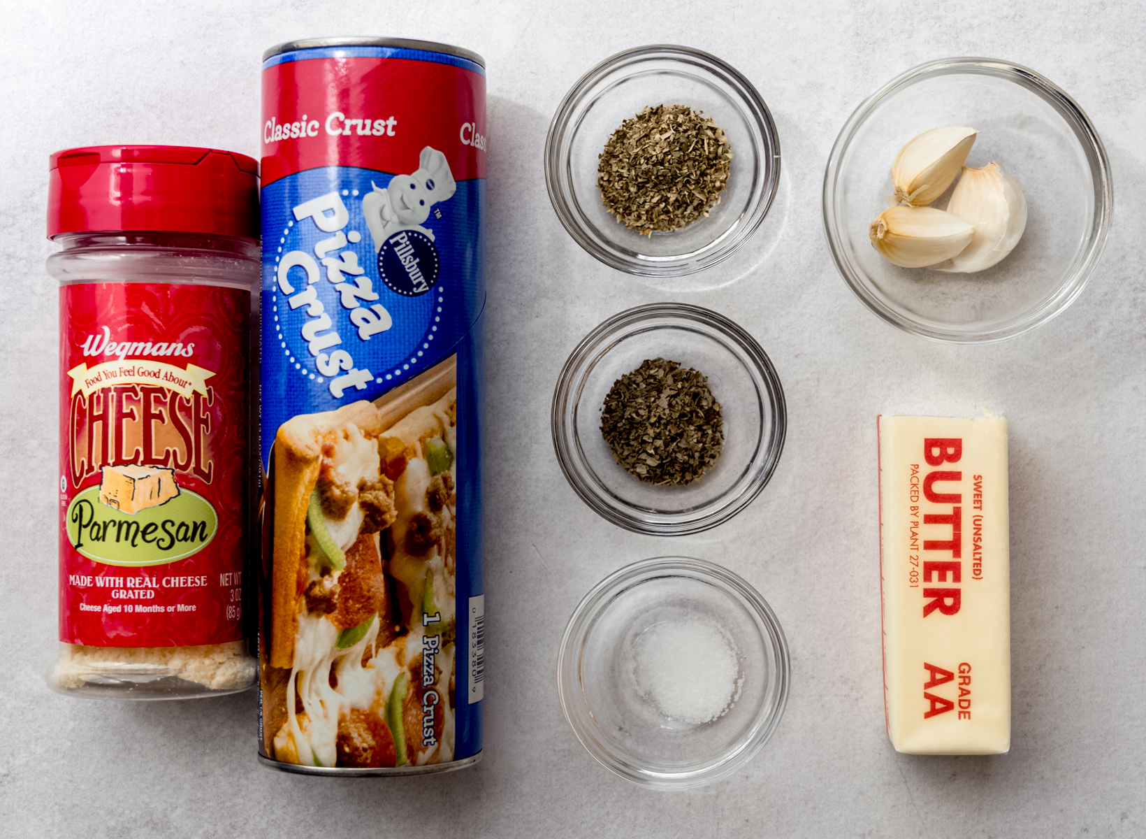 Aerial photo of ingredients to make homemade garlic knots.