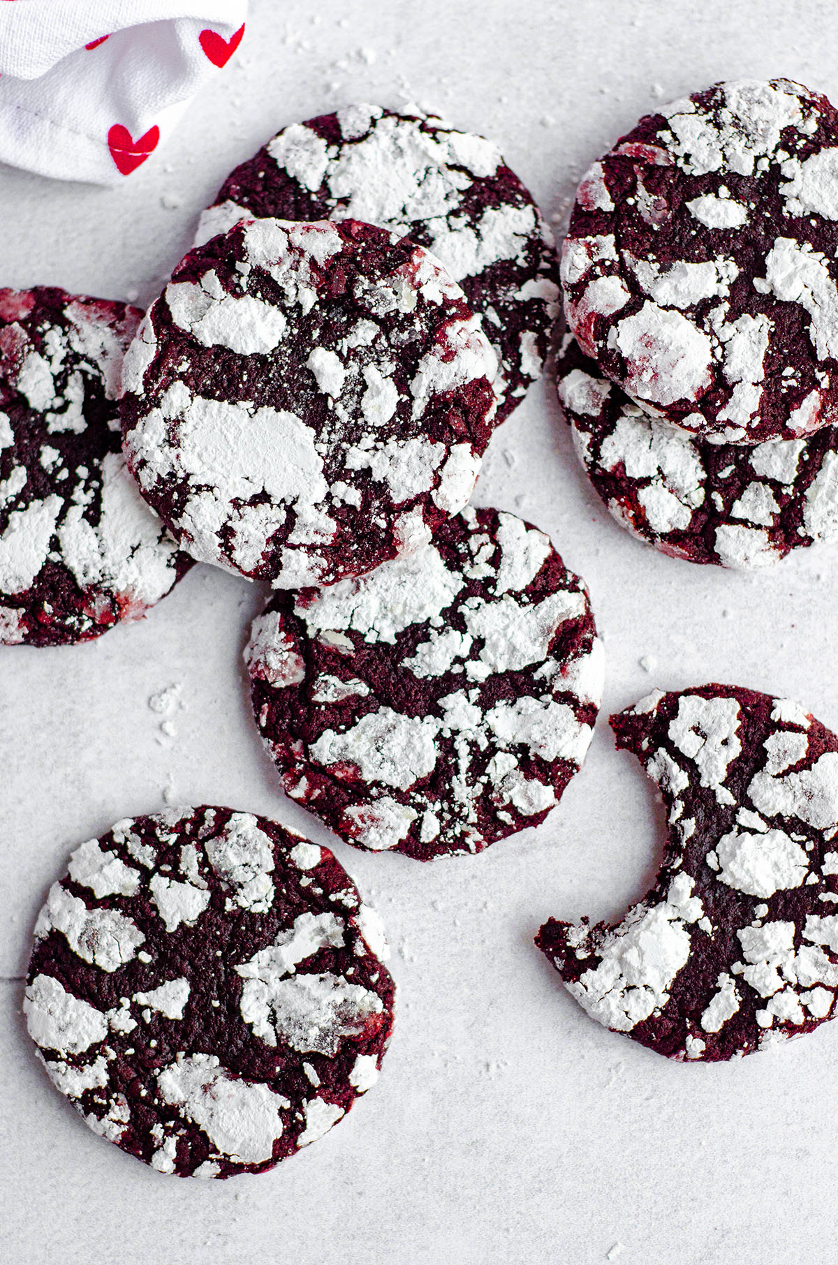 aerial photo of red velvet crinkle cookies