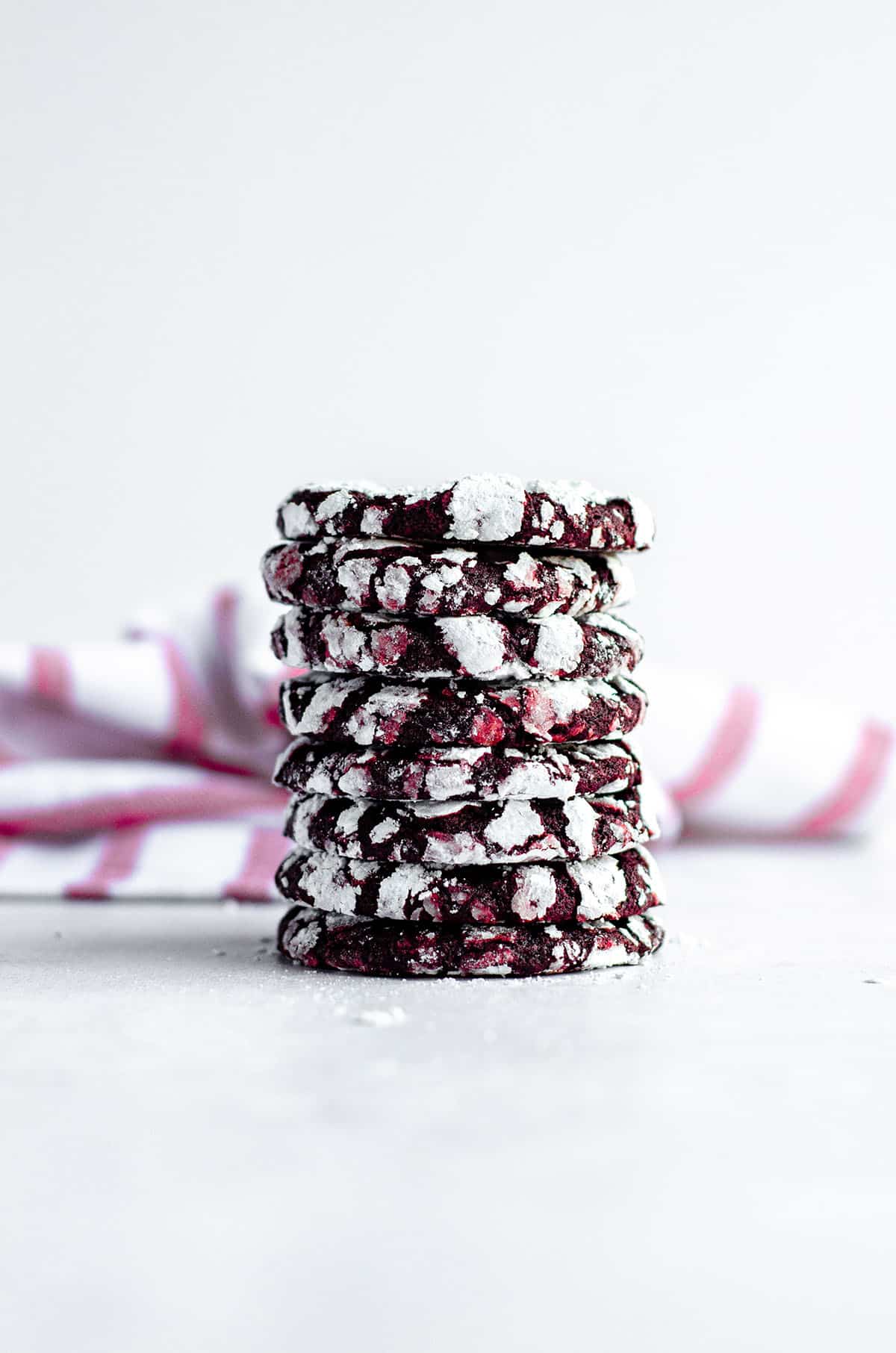 stack of red velvet crinkle cookies