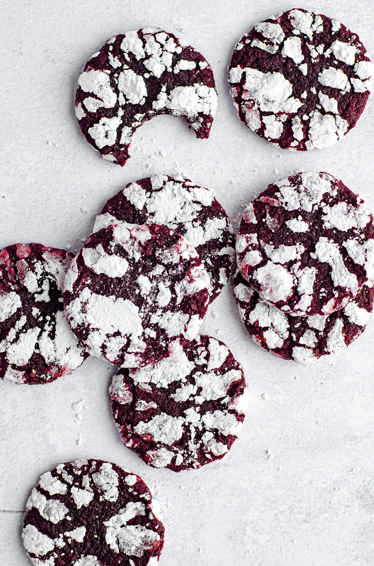 aerial photo of red velvet crinkle cookies