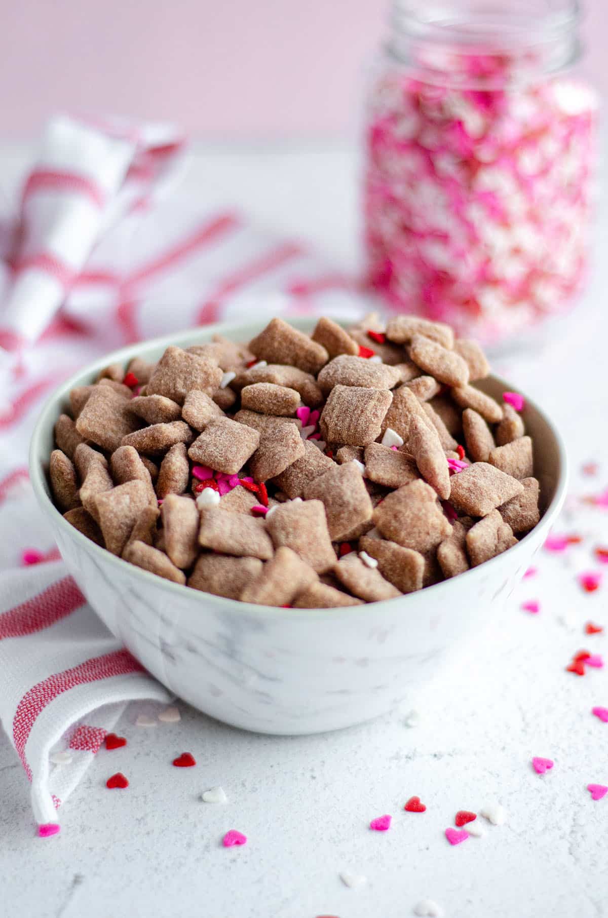 red velvet puppy chow in a white bowl