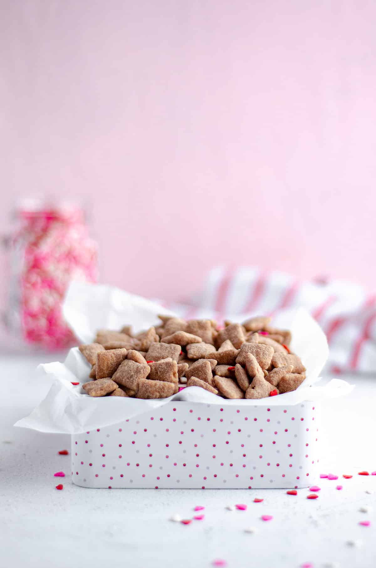 red velvet puppy chow in a treat box