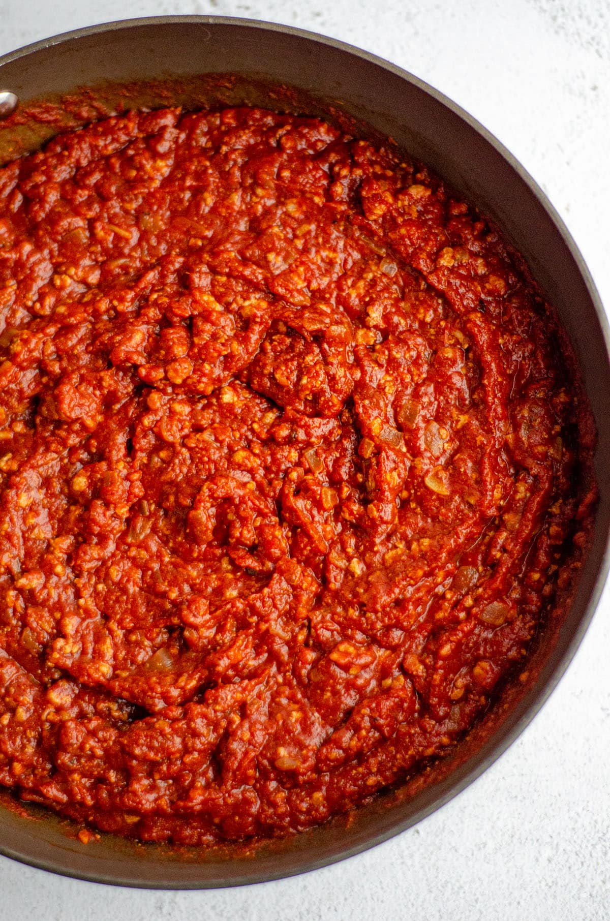 aerial photo of homemade meat sauce in a skillet