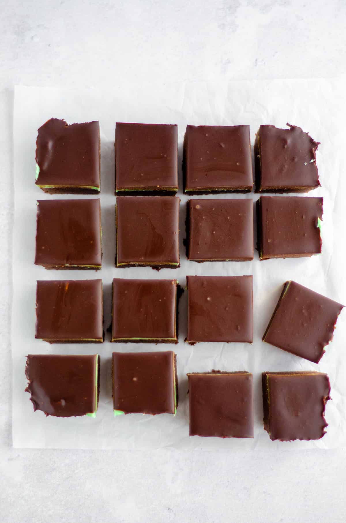 aerial photo of sliced mint chocolate brownies