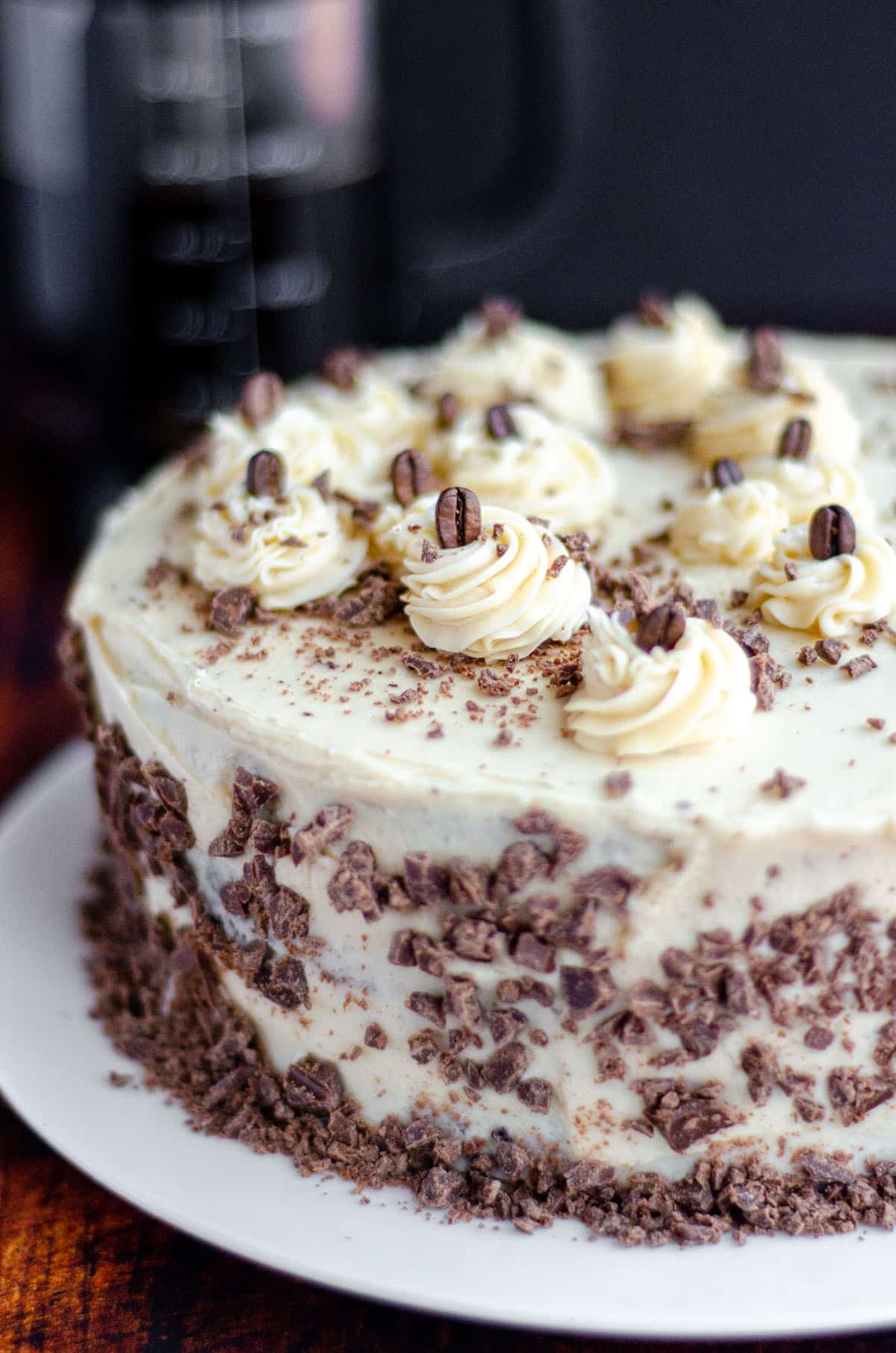 mocha cake with coffee buttercream on a plate