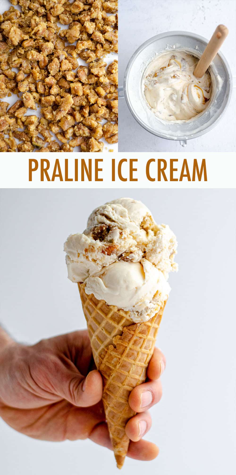 An easy homemade vanilla ice cream base swirled with salted caramel sauce and crunchy pecan praline pieces. via @frshaprilflours