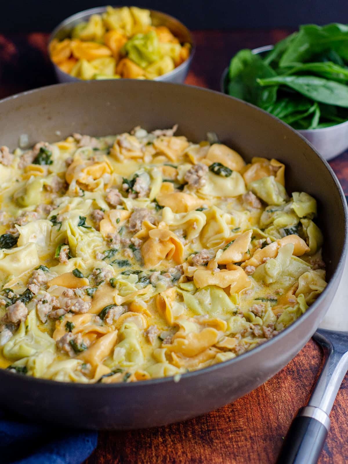 sausage tortellini soup in a large skillet