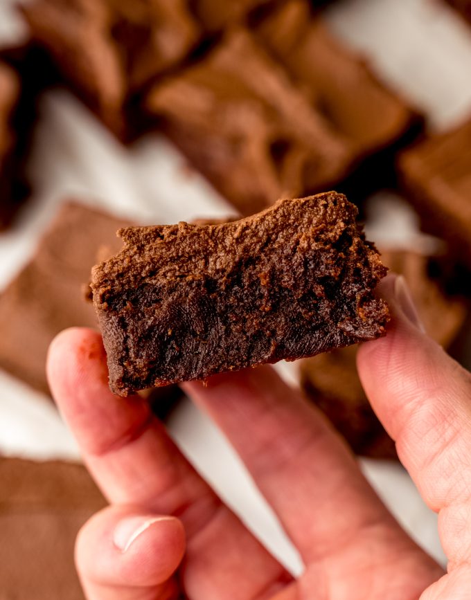 Someone's hand holding a coffee brownie.