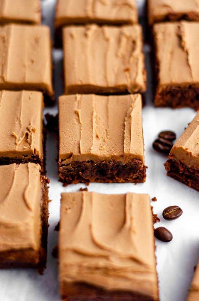 Coffee Brownies with Mocha Frosting: Rich scratch brownies flavored with concentrated coffee and topped with a creamy mocha frosting.