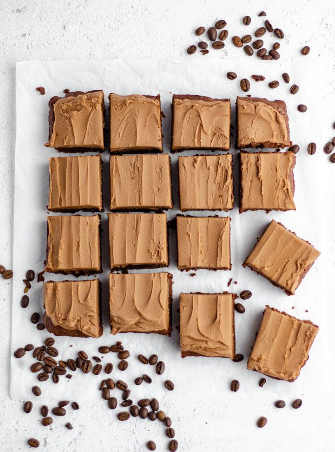 Aerial photo of coffee brownies on a surface.